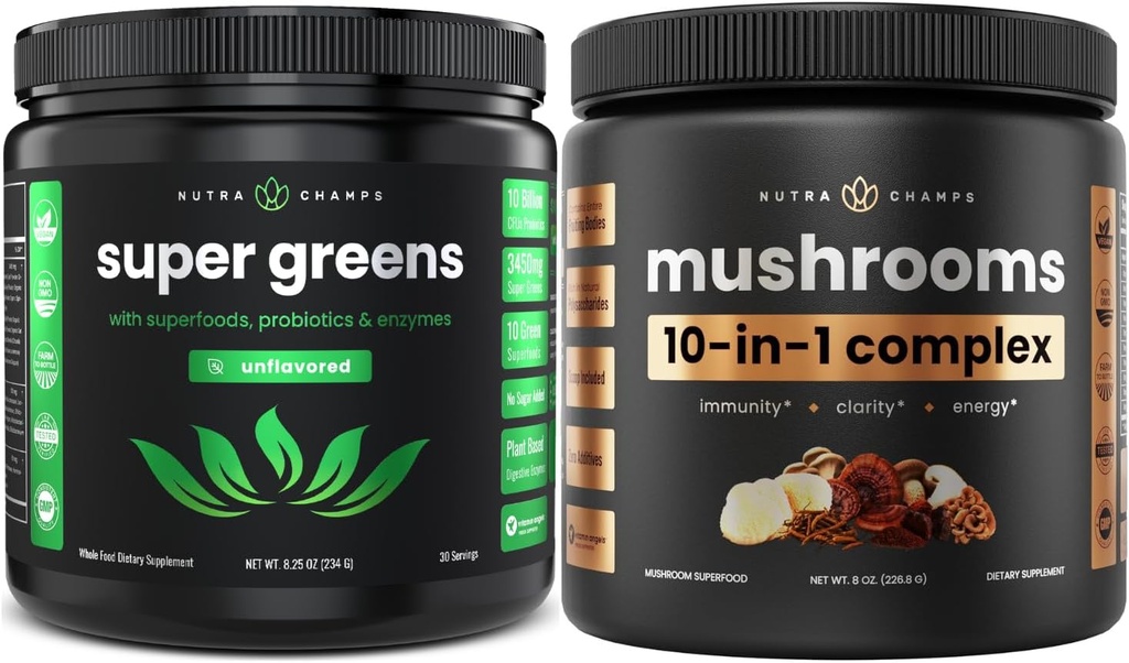 NutraChamps Super Greens Unflavored & Super Champignons: Ultimate Cerveau, Gut & Body Boost