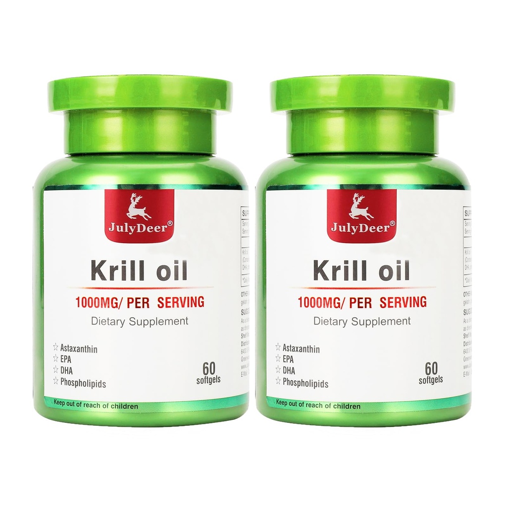 2 bouteilles d'huile de krill antarctique 1000 mg avec Omega-3s EPA, DHA, Astaxanthin et Phospholipides 60 Softgels Supplément Aucun arrière-goût de poisson pour l'articulation, le cœur, le cerveau et l'immunité - 120 Softgels