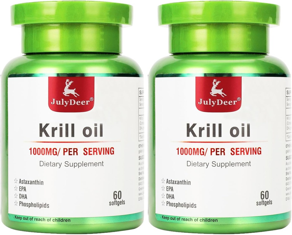 2 bouteilles d'huile de krill antarctique 1000 mg avec Omega-3s EPA, DHA, Astaxanthin et Phospholipides 60 Softgels Supplément Aucun arrière-goût de poisson pour l'articulation, le cœur, le cerveau et l'immunité - 120 Softgels