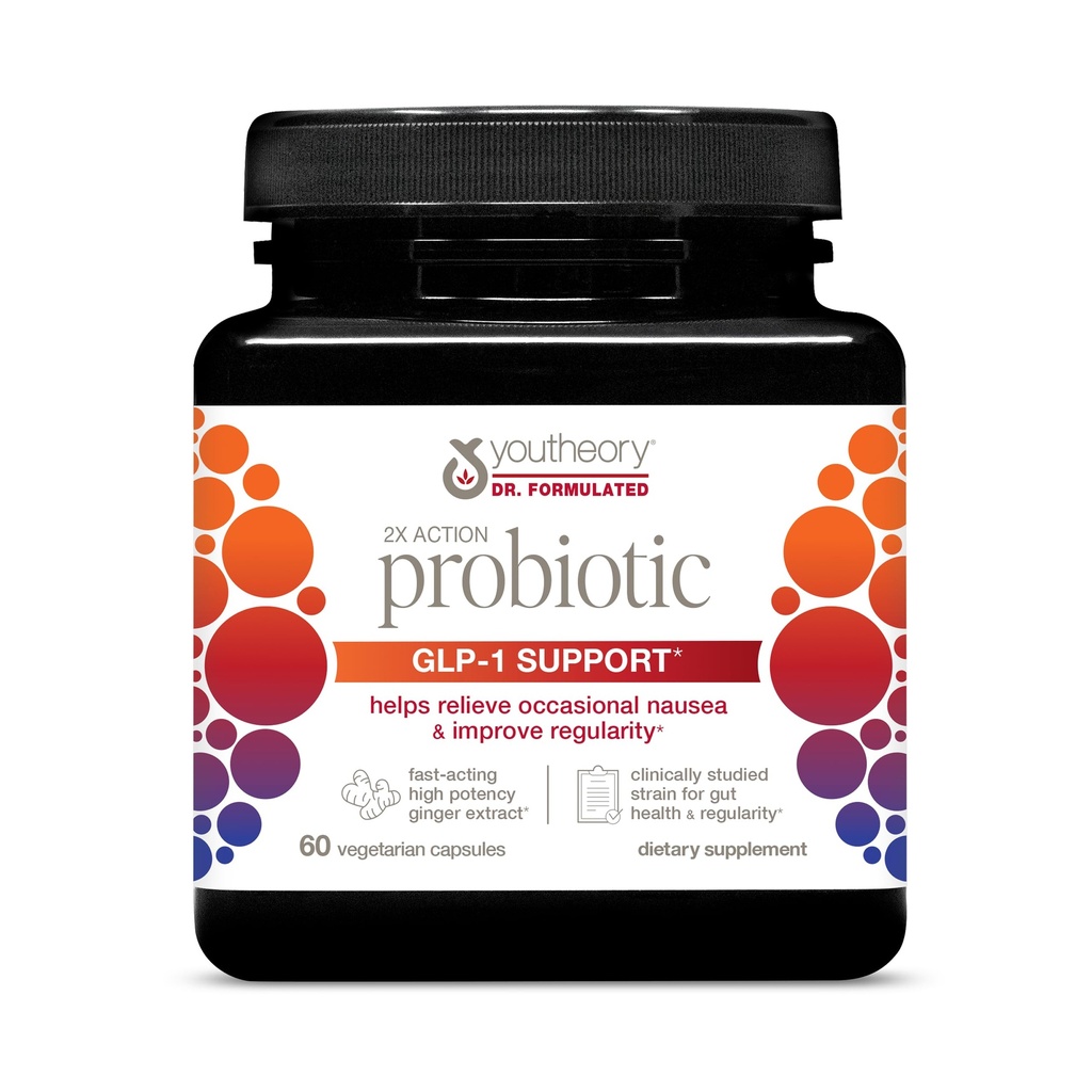 Youtheory 2X Action Probiotic - GLP-1 Support for Gut & Digestive Health* - Clinically Studied Probiotic - Prebiotic Fiber & Fast-Acting Ginger Extract - Gluten & Soy Free - 60 Vegetarian Capsules