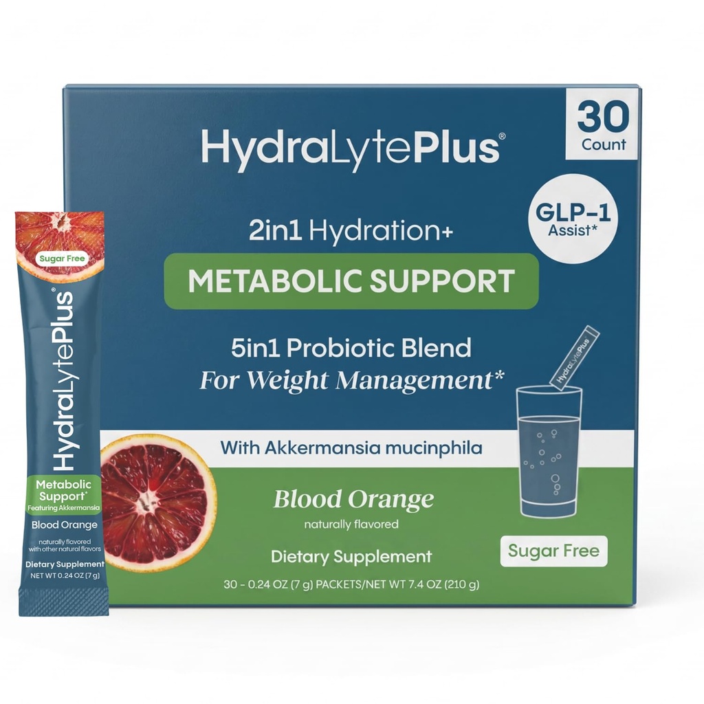Hydralyte Plus Metabolic Support - GLP-1 Weight Loss Management and Gut Health - 5in1 Probiotic Blend - Akkermansia Muciniphila + Prebiotic Fiber + Electrolytes - Sugar Free (30 Packets)