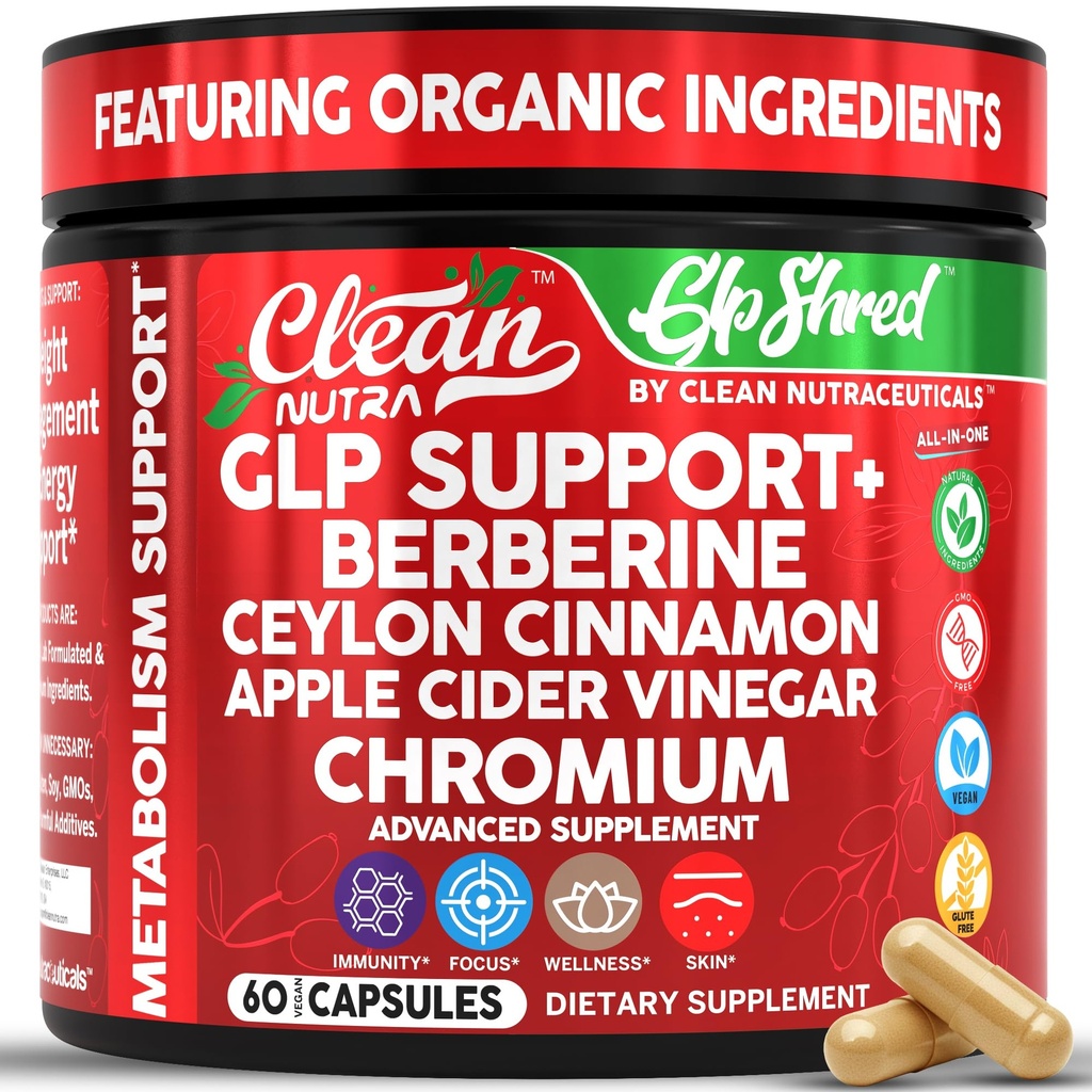 GLP1 Supplement Berberine Ceylon Cinnamon Apple Cider Vinegar Chromium Turmeric Gut Health Digestive Balance 60 Vegan Capsules by Clean Nutra