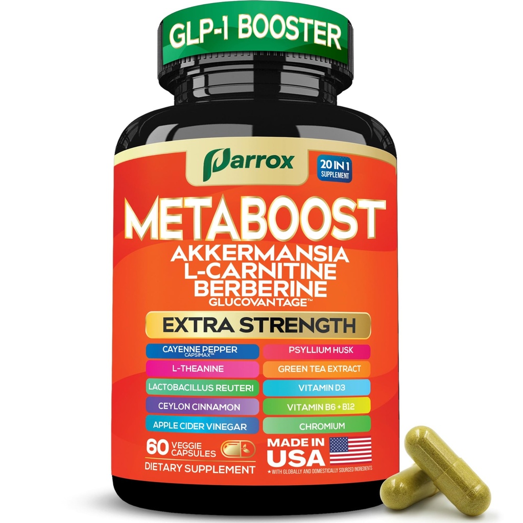 GLP-1 Booster Supplement, Akkermansia, L-Carnitine, Berberine (GlucoVantage), Methylfolate, Methylated B12, Chromium, Capsimax, Psyllium Husk, Probiotics Vitamins D3, B6, 20-in-1 Plant-Based (60 Caps)
