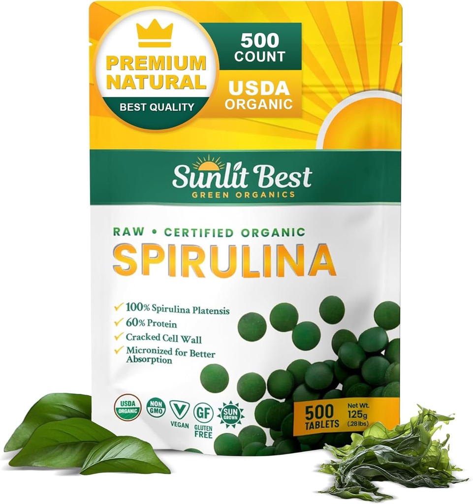 Comprimés de spiruline au soleil - Comprimés de spiruline biologique USDA Premium 500 Comte - Spirulines naturelles Burst organique pour le soutien immunitaire Croissance musculaire, Boost énergétique avec/Chlorophylle - Protéines élevées, non OGM