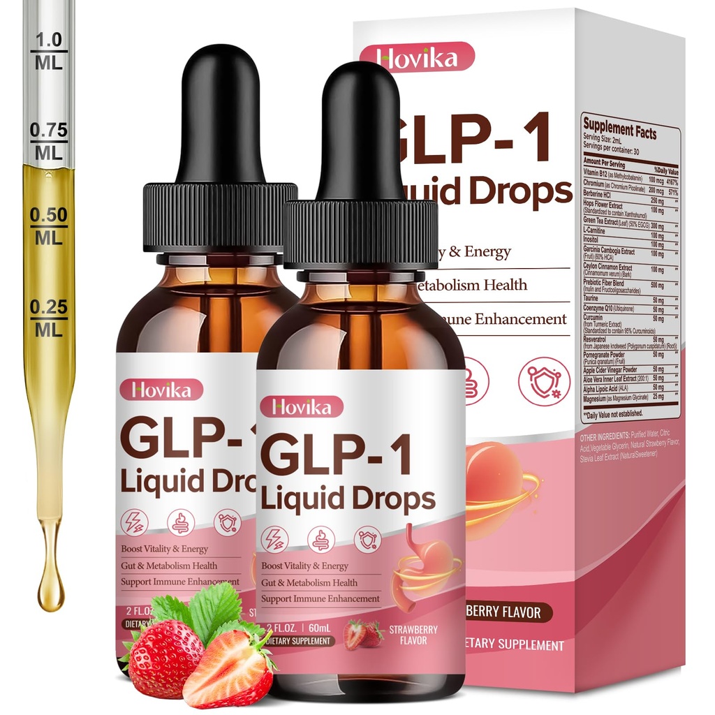 GLP-1 Supplement, GLP-1 Support Liquid Drops with Berberine, Chromium, Ceylon Cinnamon, Green Tea & Hops Flower Extract, GLP-1 Supplement for Gut & Metabolism Health, Vegan, Strawberry Flavor, 4 Fl Oz