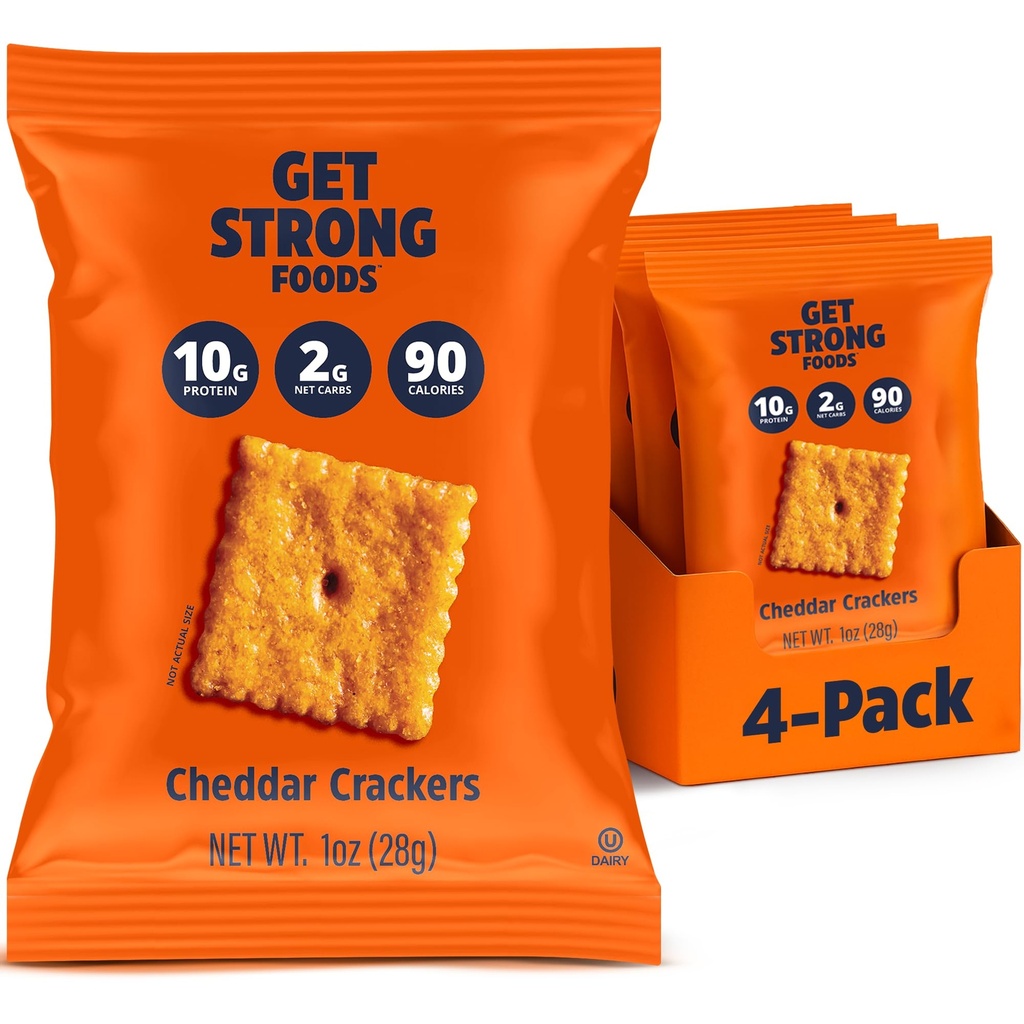 Get Strong Foods Cheddar Cheese Crackers - High Protein Crackers - Keto Friendly, Low Carb, High Fiber Cheese Crisp - Low Calorie, Healthy Snack for Adults and GLP-1, Pack of 4