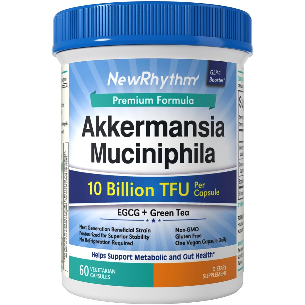 NewRhythm Akkermansia Muciniphila Probiotic, 10 Billion TFU, Pasteurized, Maximum Stability, Green Tea Leaf EGCG, GLP-1 Production, Metabolic Health, Gut, Immunity, for Women & Men, 60 Caps