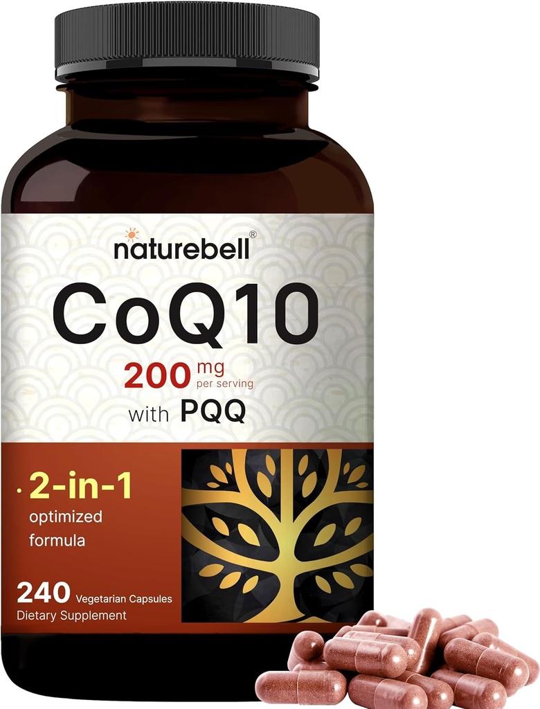 NatureBell CoQ10 200mg with PQQ, 240 Veggie Capsules | Stable High Absorption Form – Antioxidant Support for Heart, & Energy Health – Extra Strength Coenzyme Q10 Supplement