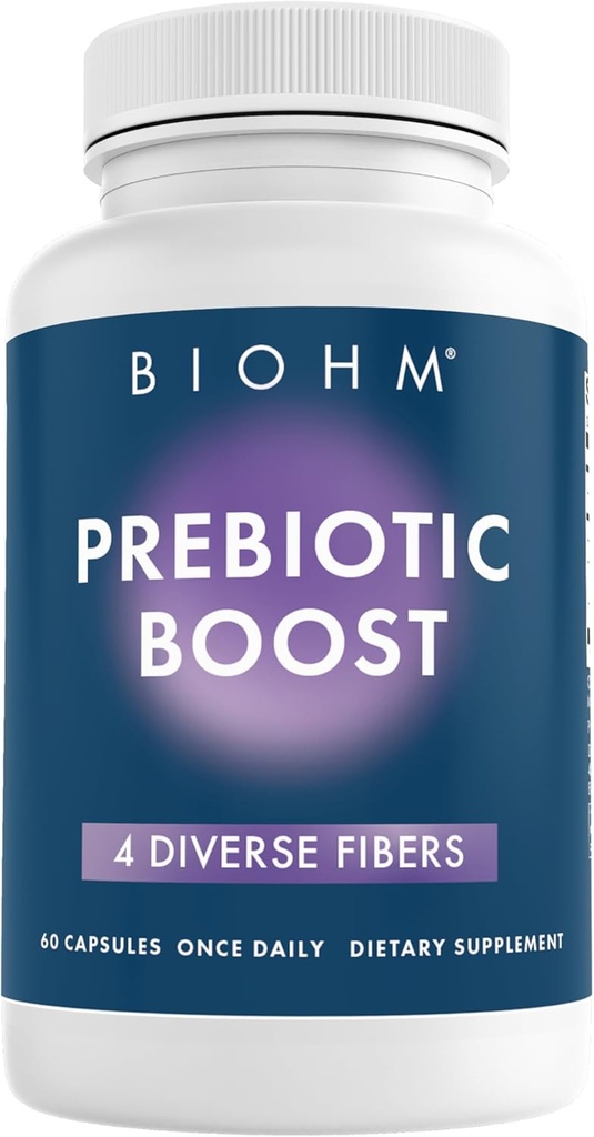 Supplément de fibre prébiotique BIOHM (60 gélules) 4 fibres diététiques diversifiées pour soutenir l'environnement probiotique, aide à améliorer la santé de Gut et le système immunitaire, comprend l'inuline et la poudre de pectine de pomme