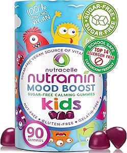 NUTRAMIN Kids Mood Boost Vitamine Vegan Gummy: Apaisant supplément de citrate de magnésium pour les enfants avec Ashwagandha et complexe de vitamine B pour se détendre et se concentrer - sans sucre, allergique-safe, non-OGM 90 ct