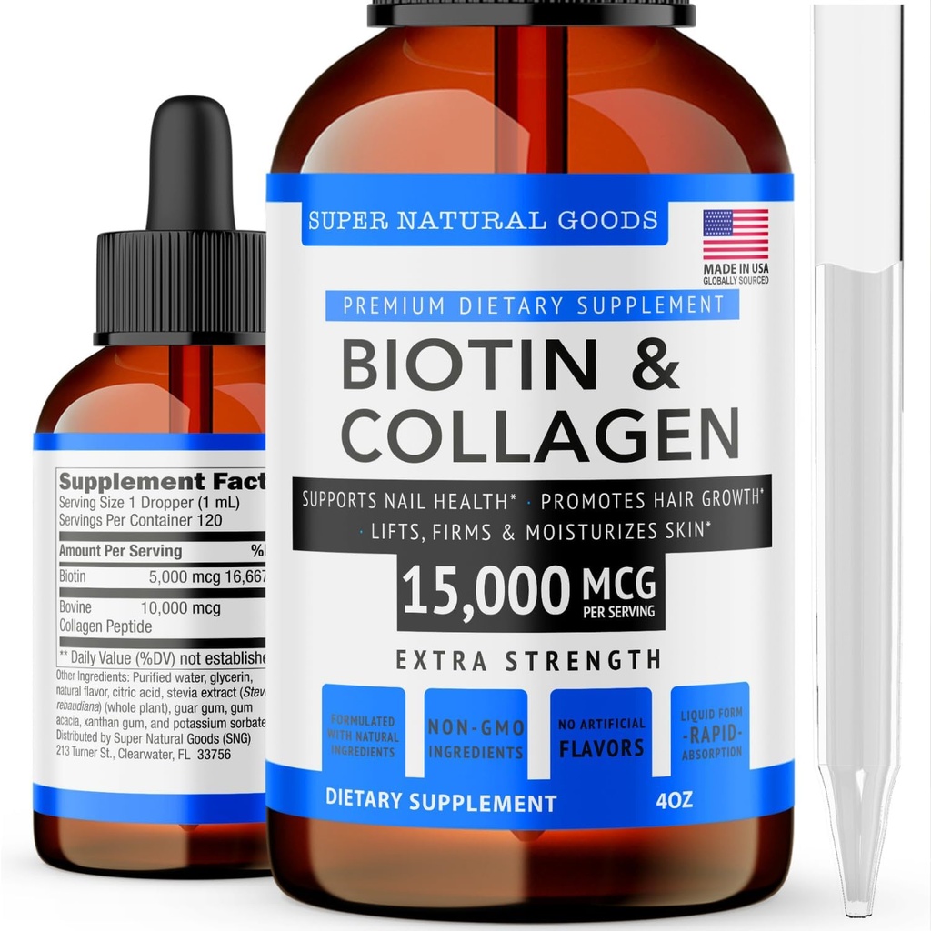 Super Natural Goods Biotin & Collagen Vitamins - Hair Loss, Gut Health, Anti-Aging, Skin Care & Nails - Made in USA, Non-GMO & Cruelty Free (4 Ounce- 15,000mcg)