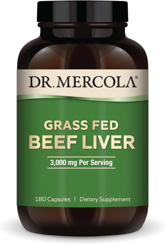 Dr. Mercola Grass Foie de boeuf, 30 portions (180 capsules), 3 000 mg par portion, supplément alimentaire, soutient la santé immunitaire, non-OGM