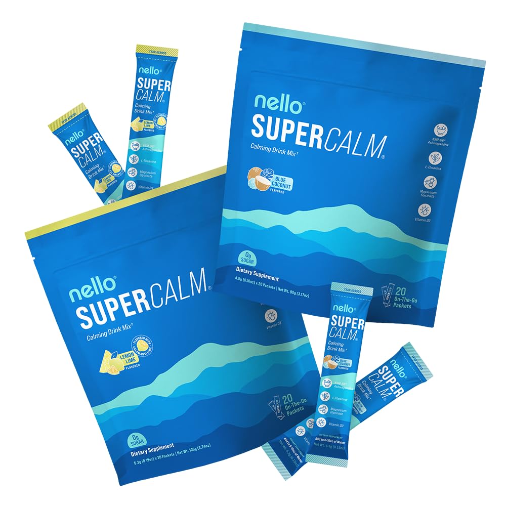 Nello Supercalm Drink Mix - Lemon Lime and Blue Coconut Ashwagandha KSM 66, Magnesium Glycinate & L-Theanine Supplement - Focus and Relaxation Support (2 x 20 Travel Packets)