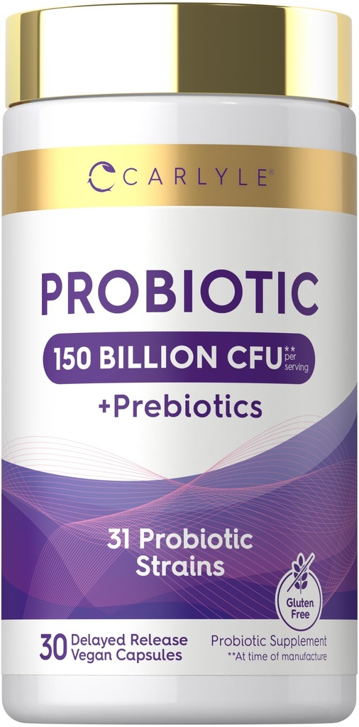 Carlyle Probiotic with Prebiotics | 150 Billion CFU | 30 Capsules | Delayed Release | 31 Probiotic Strains | with Prebiotic Fiber | Vegan, Non GMO, Gluten Free
