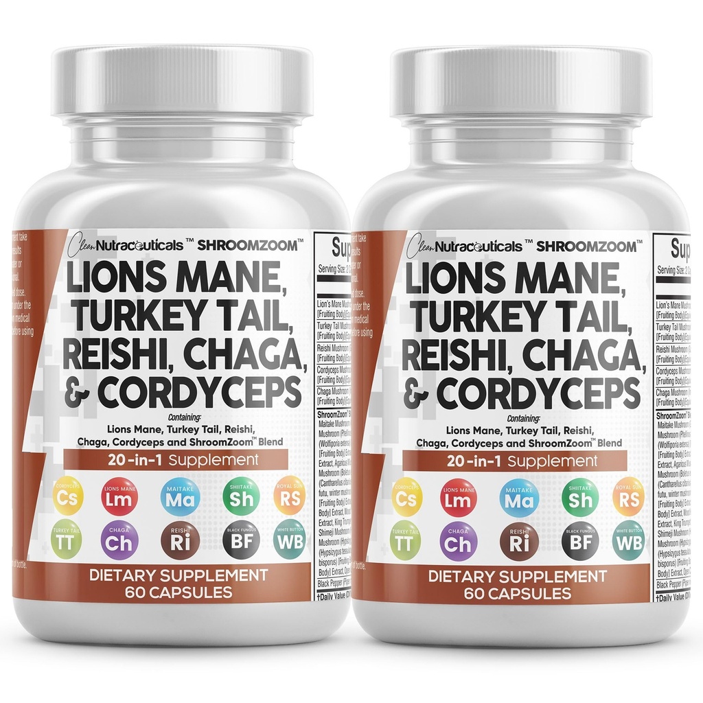 Clean Nutraceuticals Lions Mane 20in1 Mushroom Supplement with Turkey Tail Reishi Cordyceps Chaga Maitake Meshima Poria Cocos Shiitake Oyster Porcini Enoki - 2Pack