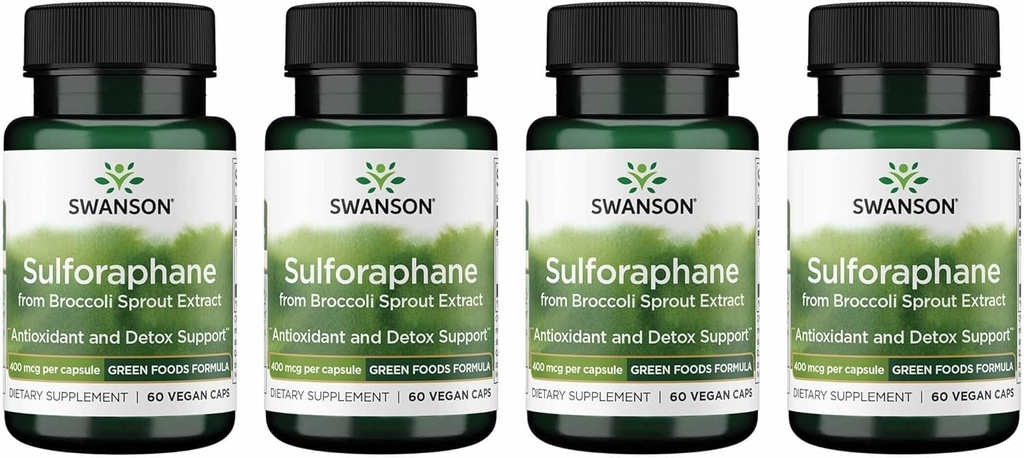 Sulforaphane de Swanson - Extrait de sprout de brocoli soutenant la santé cellulaire, IG et hépatique - Supplément naturel normalisé à 0,4 % de sulforaphane - (60 gélules de Veggie, 400 mcg chacune) (4 boîtes)