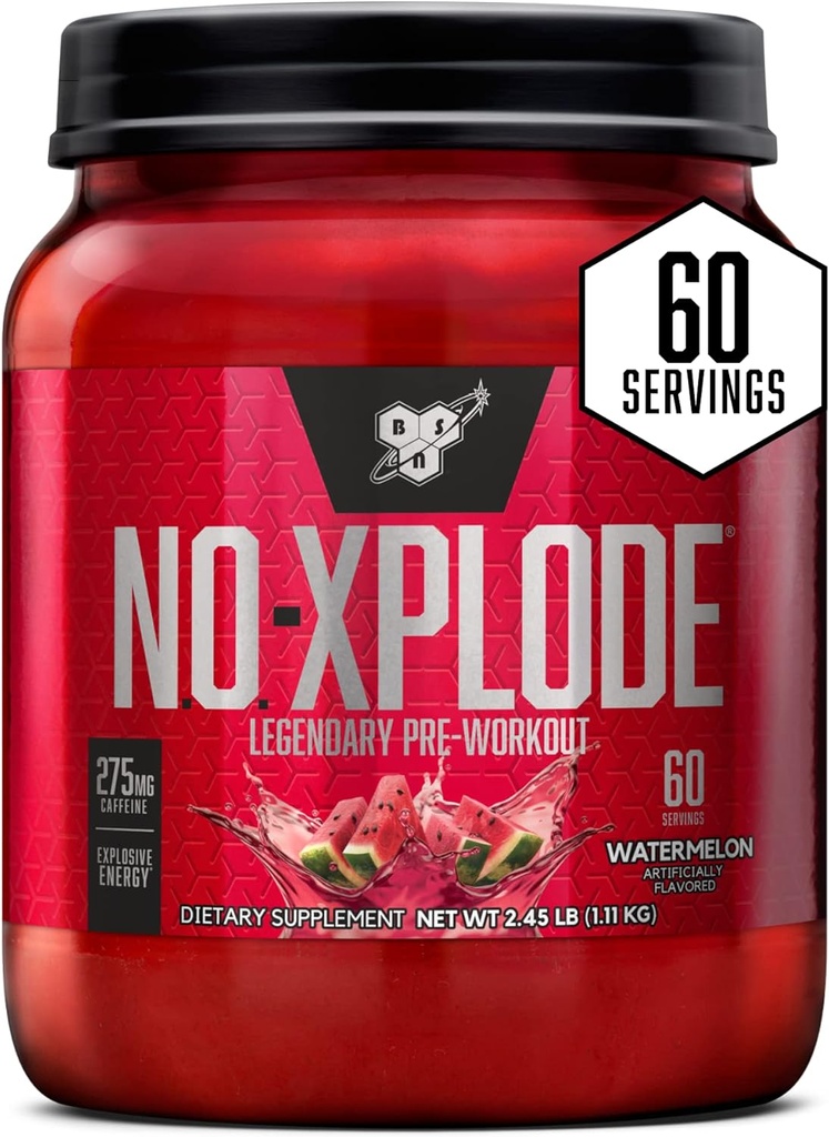 BSN N.O.-XPLODE Pre Workout Powder, Energy Supplement for Men and Women with Creatine and Beta-Alanine, Flavor: Watermelon, 60 Servings