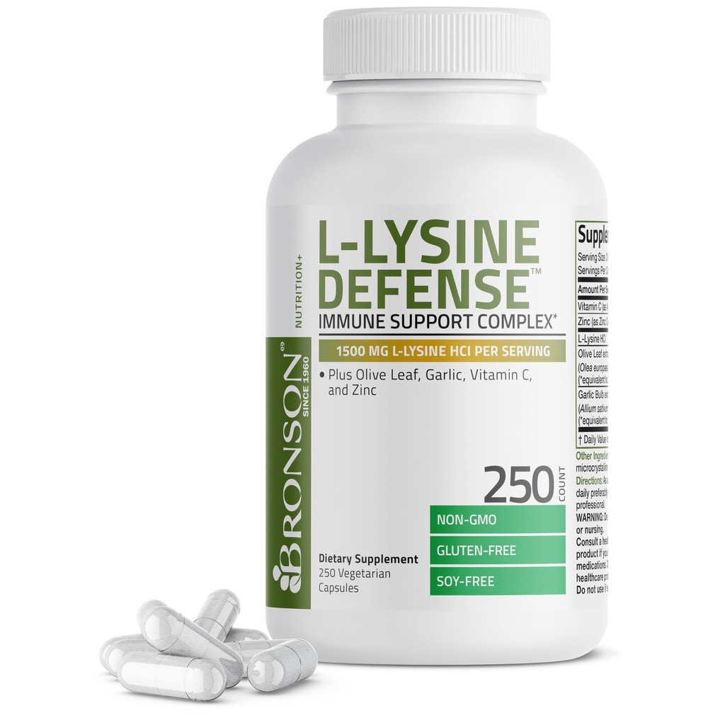 Bronson L-Lysine Defense Immune Support Complexe 1500 MG L-Lysine Plus Olive Leaf, Ail, Vitamine C et Zinc - Non-OGM, 250 Capsules Végétariennes