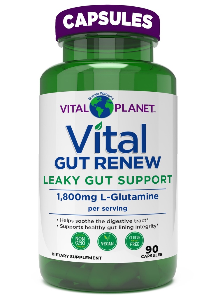 Vital Planet - Vital Gut Renew Capsules Supplement for Leaky Gut Repair with L-Glutamine, Marshmallow and Ginger Root, DGL Licorice Root and Organic Aloe Vera, L Glutamine 1800mg 90 Capsules