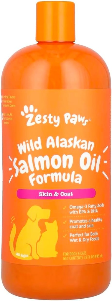Zesty Paws Wild Alaskan Salmon Oil for Dogs & Cats - Omega 3 Skin & Coat Support - Natural EPA & DHA, Acides gras pour la fonction articulaire, Immune & Heart Health Liquid Food Supplement, 32 oz