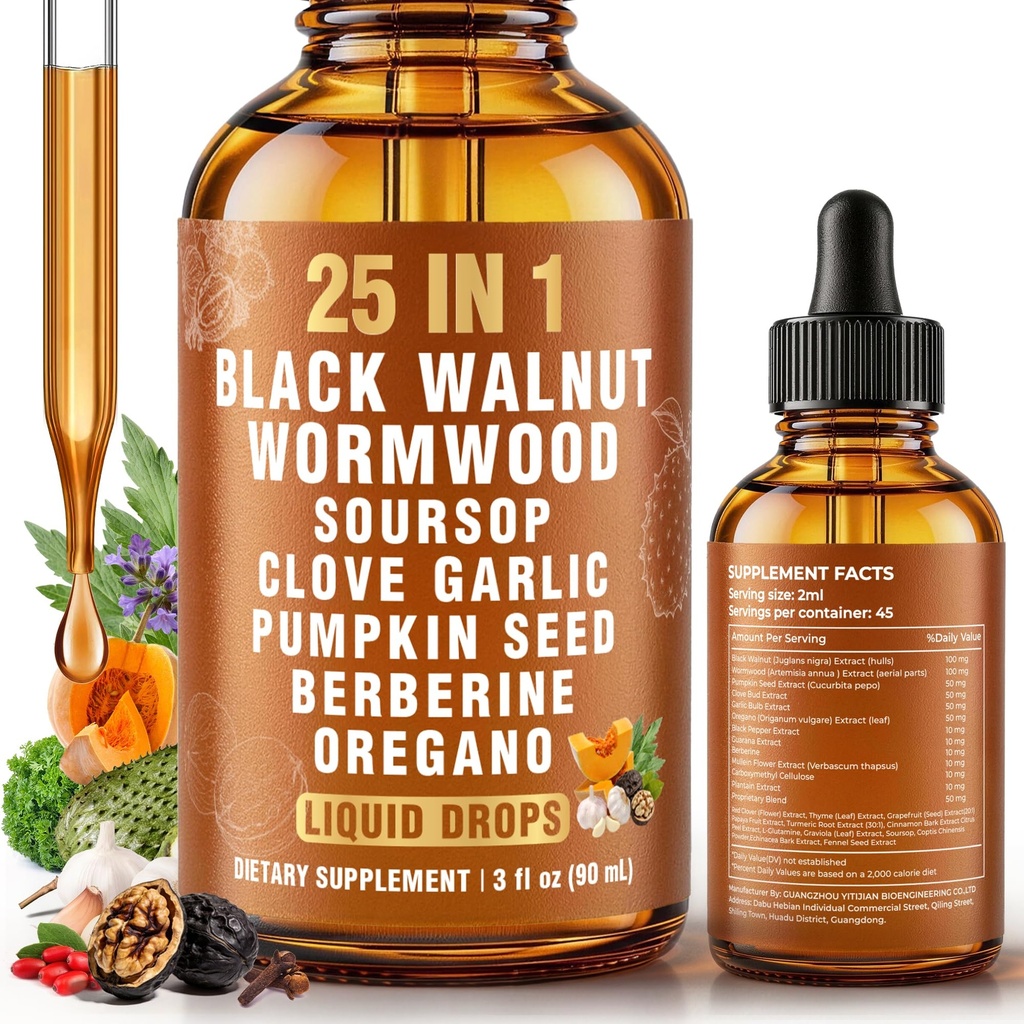 25-in-1 Liposomal Black Walnut Wormwood Clove Herbal Tincture, Cleanse Formula with Garlic, Oregano, Pumpkin Seed & Berberine – Lymphatic Support & Gut Health – 90ml