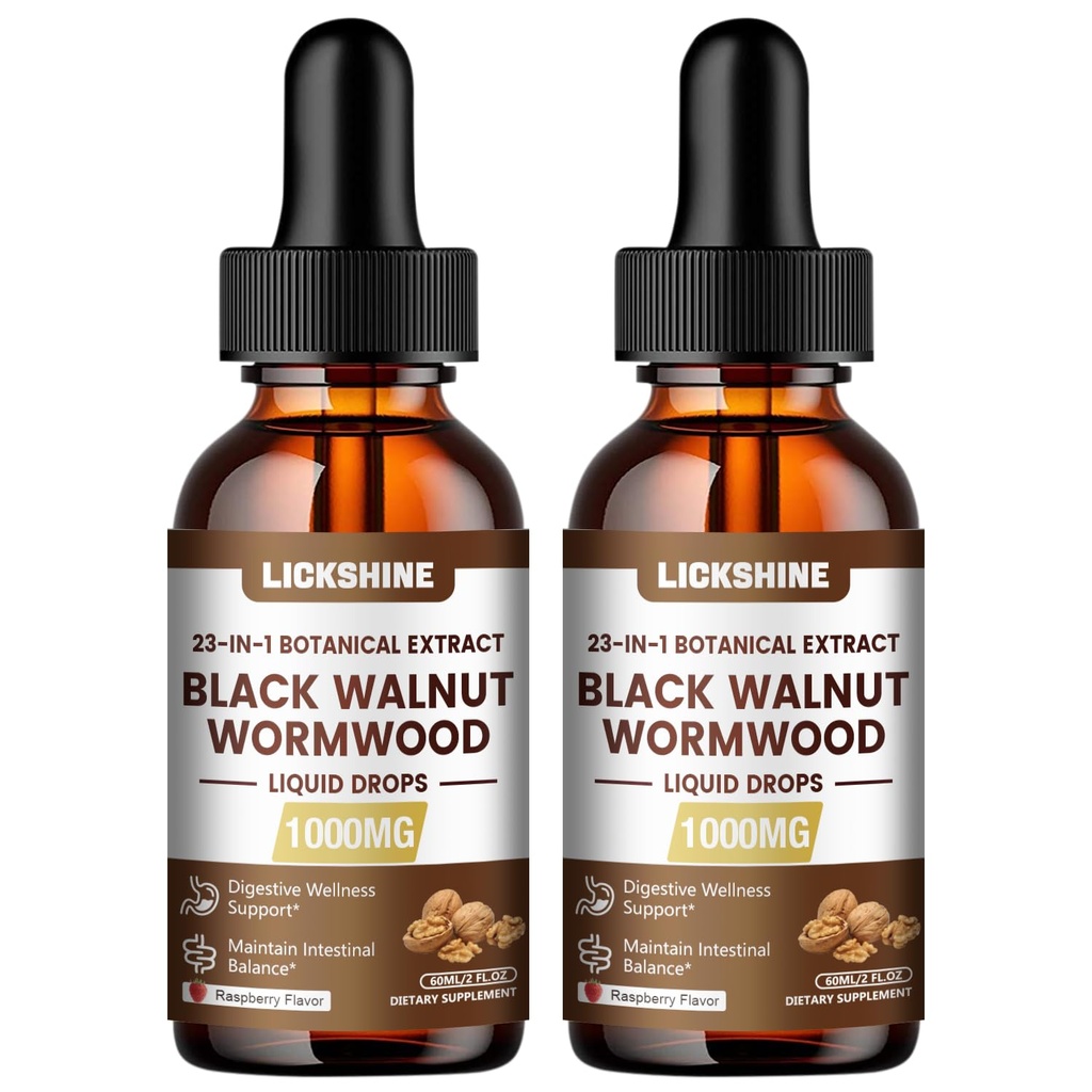 2 Packs 1000MG Wormwood Black Walnut Clove Cleanse for Humans Tincture, 23-IN-1 Gut Support Supplement for Adults, 10:1 Ultra-Concentrated Liposomal Tech 98% Absorption, Raspberry Flavor, 4 Fl oz
