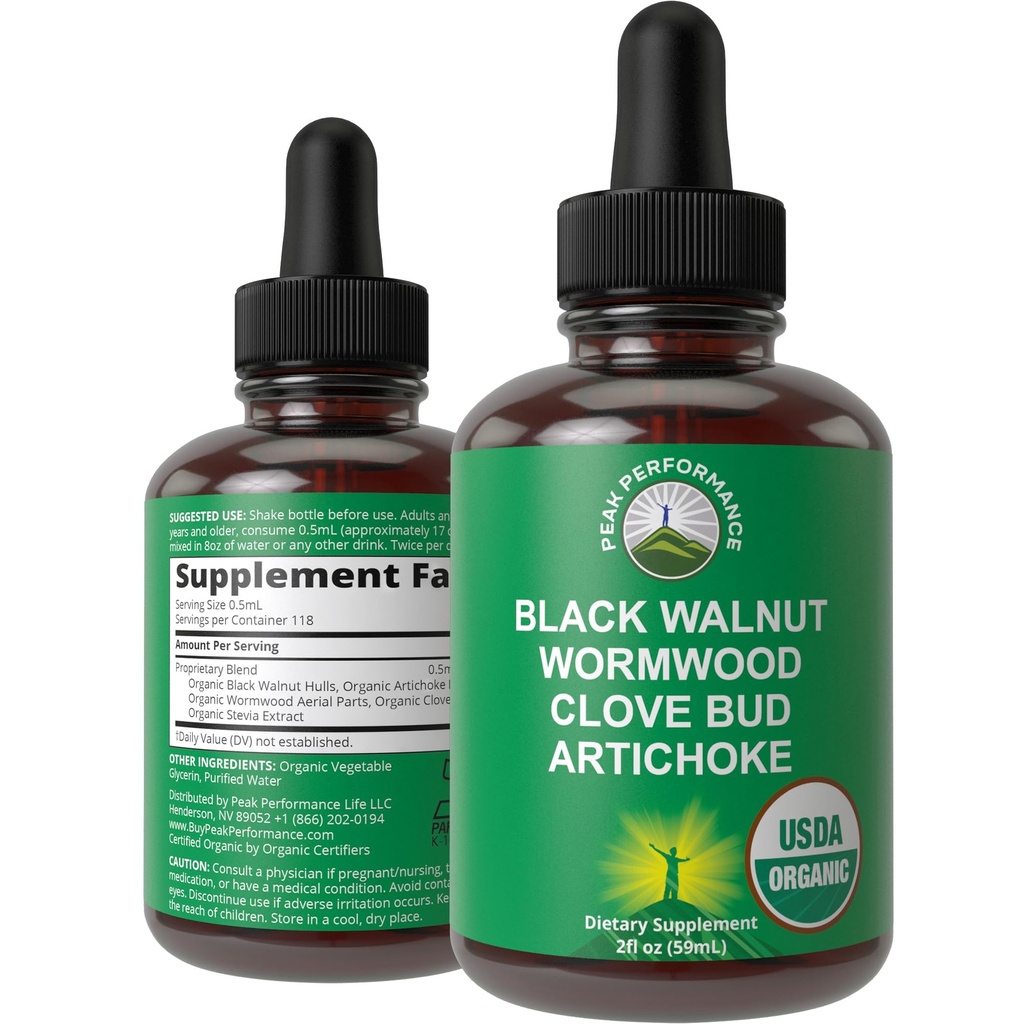 USDA Organic Wormwood Black Walnut Clove Drops Cleanse for Humans. Sugar Free Supplement for Intestinal Cleanse, Detox Support for Adults and Kids. with Artichoke and Clove Bud. Kosher, No GMOs