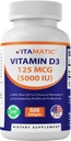 Vitamine Vitamatique D3 5000 UI (125 mcg) – Formule à base d'huile d'olive 500 Mini Softgels – pressée à froid – Approvisionnement de 500 jours – Soutient la santé des os, des muscles et des immunones – Non-OGM et sans gluten