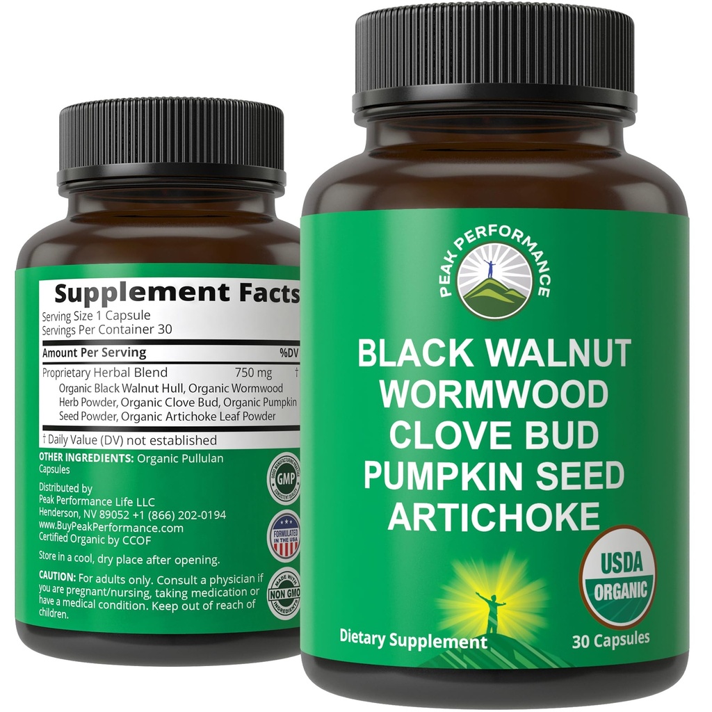USDA Organic Wormwood Black Walnut Clove Cleanse for Humans. Elimination Detox + Intestinal Support Capsules Supplement for Adults and Kids. Pills with Artichoke and Pumpkin Seed for Added Benefits