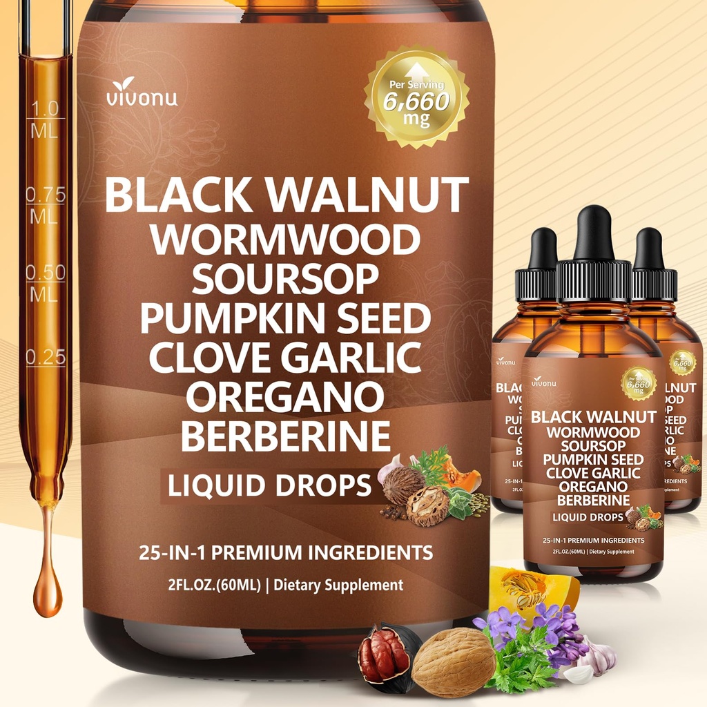 25-in-1 Liposomal Black Walnut Wormwood Tincture Cleanse for Humans – 6660mg Liquid Drops with Clove, Garlic, Pumpkin Seed, Oregano, Purple Daisy, Burdock Root – Lymphatic Drainage Support,6 Fl Oz