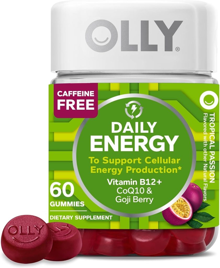 Gummy d'énergie quotidienne OLLY, sans caféine, vitamine B12, CoQ10, Goji Berry, supplément à croquer pour adultes, saveur tropicale - 60 comte