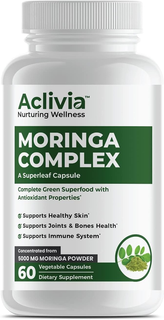 Complexe Moringa - Concentration maximale Moringa Oleifera Feuille et supplément de graines - Capsules Superfood avec propriétés antioxydantes - 5000mg - 60 Capsules