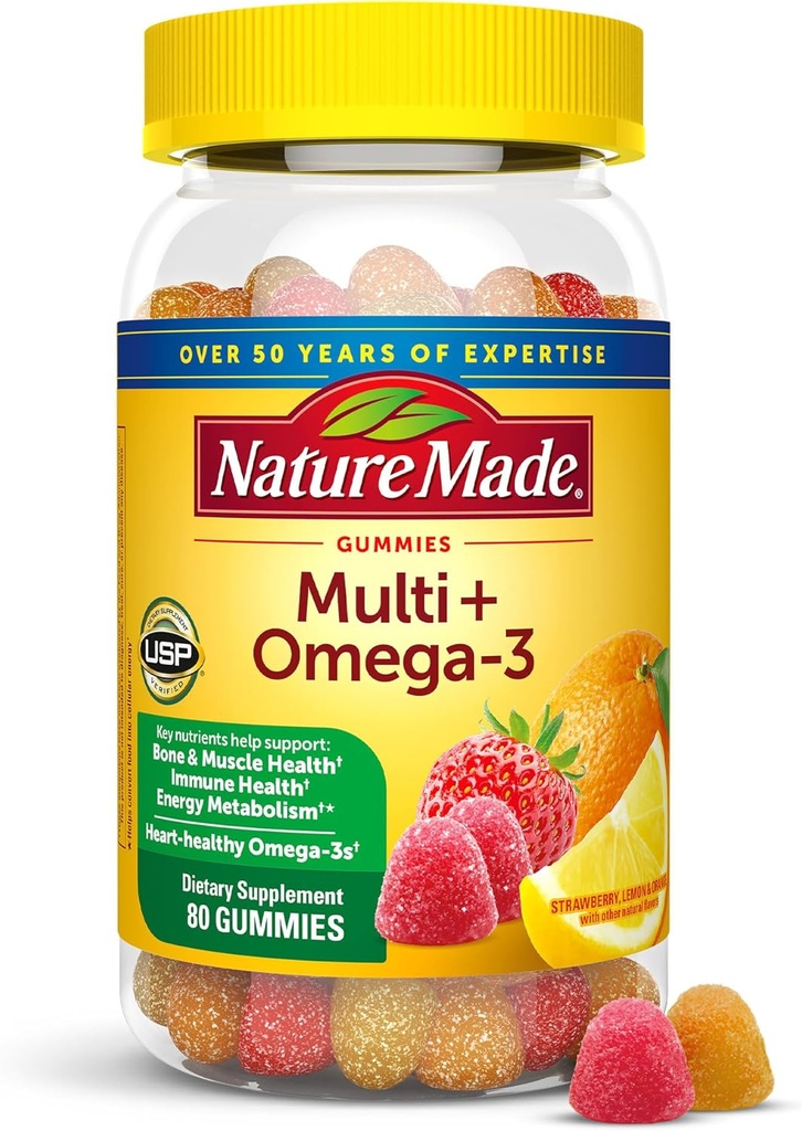 Nature faite Multivitamine + Omega-3, Gommies multivitamines pour les femmes et les hommes, soutien nutritionnel quotidien, 80 adultes vitamines et minéraux gommy, 40 jours d'approvisionnement