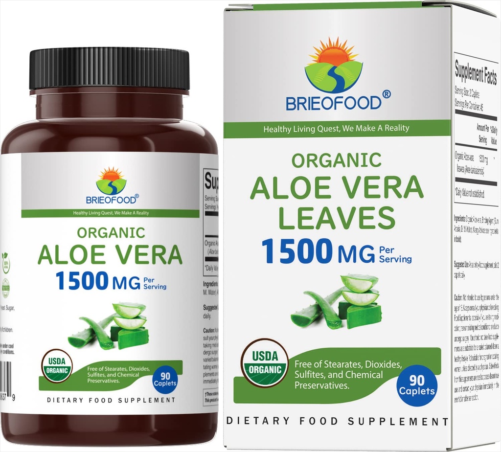 Brieofood Aloe Vera biologique 1500mg, 45 portions, végétarien, sans gluten, 90 comprimés végétariens