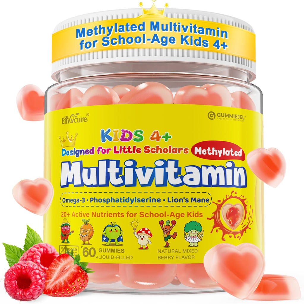 Kids Methylated Multivitamin Gummies + Omega-3 DHA, PS, Lion's Mane, Methyl B12 & Methylfolate, Vitamin D3, Zinc, C, Magnesium & Calcium for Ages 4+, Brain & Immune Support, Sugar Free, 60Cts