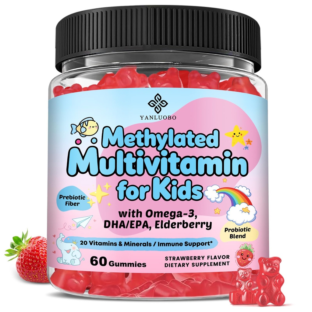 Kids Multivitamin Gummies with Omega-3 (Dha+Epa), Methylated B12 & Folate, B6, B2 & Elderberry, Vitamin D3, C, A, E, Zinc, Postbiotics, Choline | for Brain, Eye & Immune, Clean, Sugar Free, 60 Cts