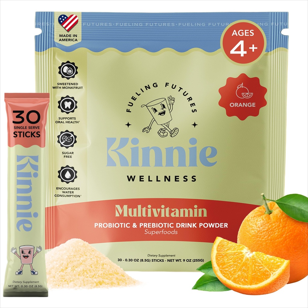 Kinnie Kids Multivitamin with Pre/Probiotic & Organic Superfoods for Kids - 22+ Vitamins & Minerals - Sugar-Free Orange Flavor - Immune, Gut & Oral Health Support - Ages 4+ (30 Sticks)