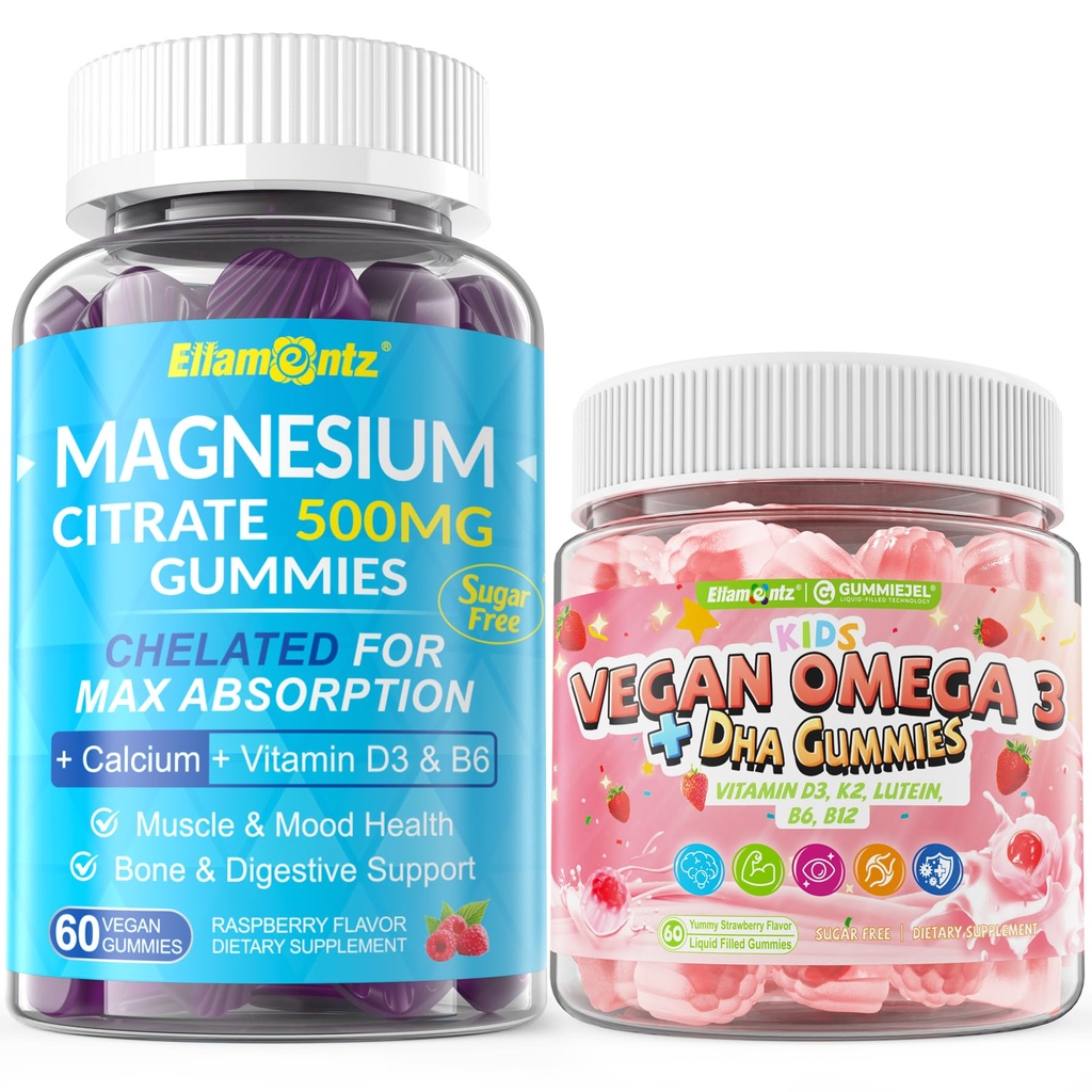 2 Pack Magnesium Citrate Gummies 500mg for Women Men Sugar-Free + Omega 3 Gummies for Kids 4+, with DHA, Vitamin D3 K2
