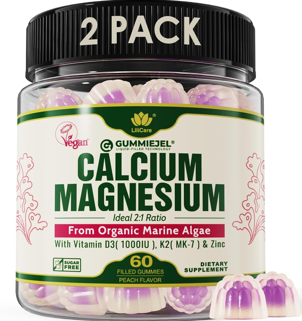2 Pack - Calcium à base végétale 600mg avec vitamine D3 K2, Magnésium, Zinc pour la force des os, Suppléments de calcium sans sucre pour les femmes et les hommes (Végétaux certifiés) à partir d'algues rouges biologique durable