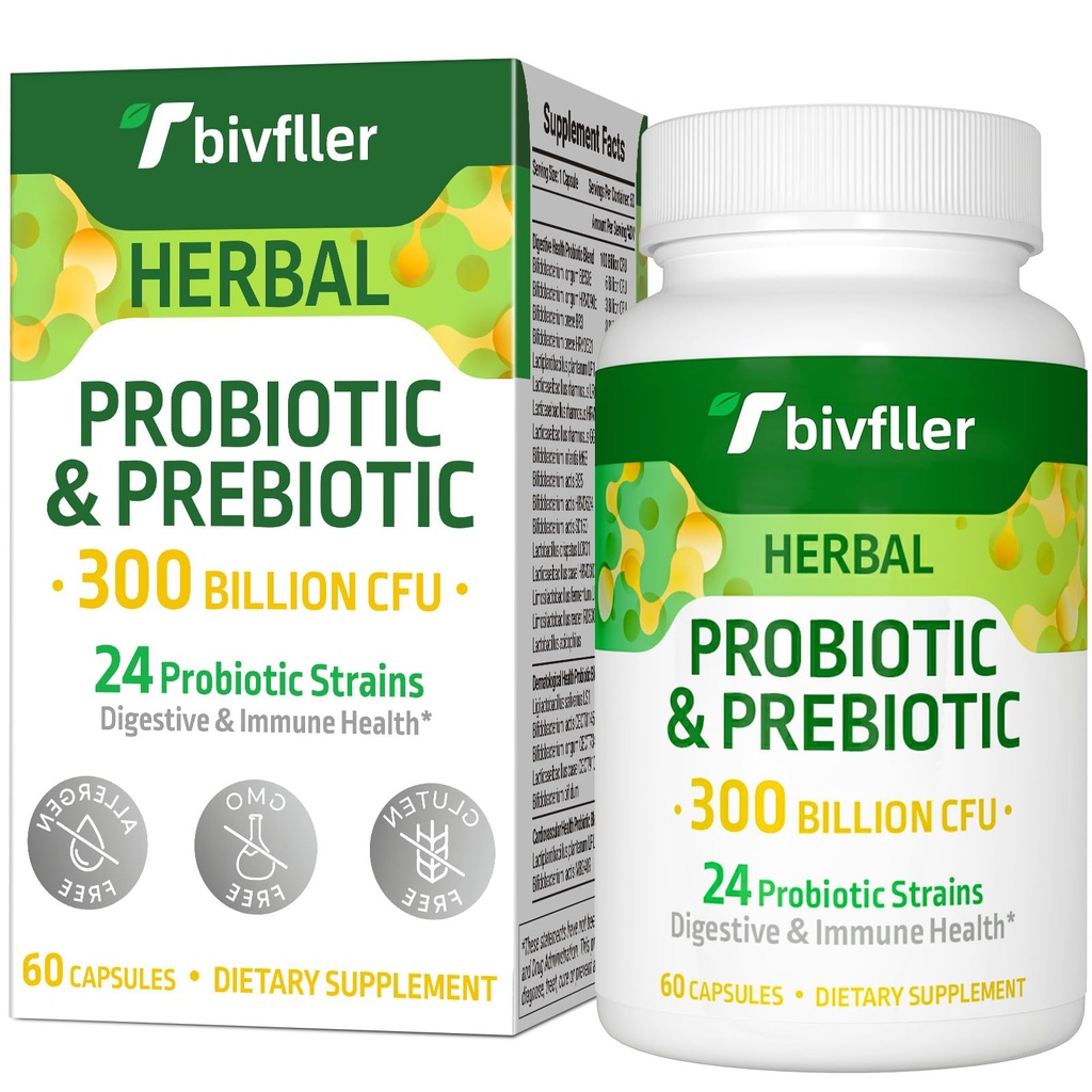 Probiotiques pour les femmes Hommes- 300 milliards CFU, 24 souches Probiotic+15 Herbes biologiques Prébiotiques Mélange, pré et probiotiques, pour la santé digestive, Immune et Gut, Diarrhée, Bloating, Vegan, 2 mois d'approvisionnement
