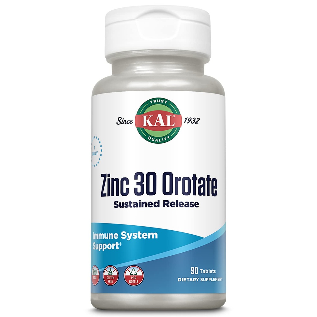 KAL Zinc Orotate 30mg, libération prolongée, comprimés de zinc chélaté, supplément de soutien immunitaire, synthèse de protéines, métabolisme, soutien énergétique, végétalien, sans gluten, garantie de 60 jours, 90 portions, 90 comprimés