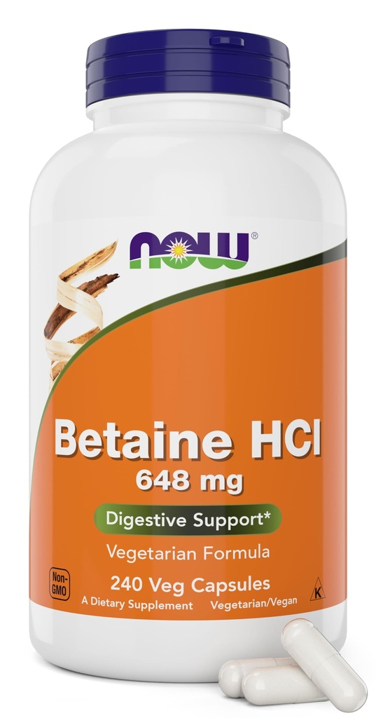 Maintenant Betaïne HCl 648mg 240 Capsules de Veg (Pack of 2) - Supplément en enzymes digestives - Amélioré avec la protéase de Pepsin pour le soutien de la digestion protéique
