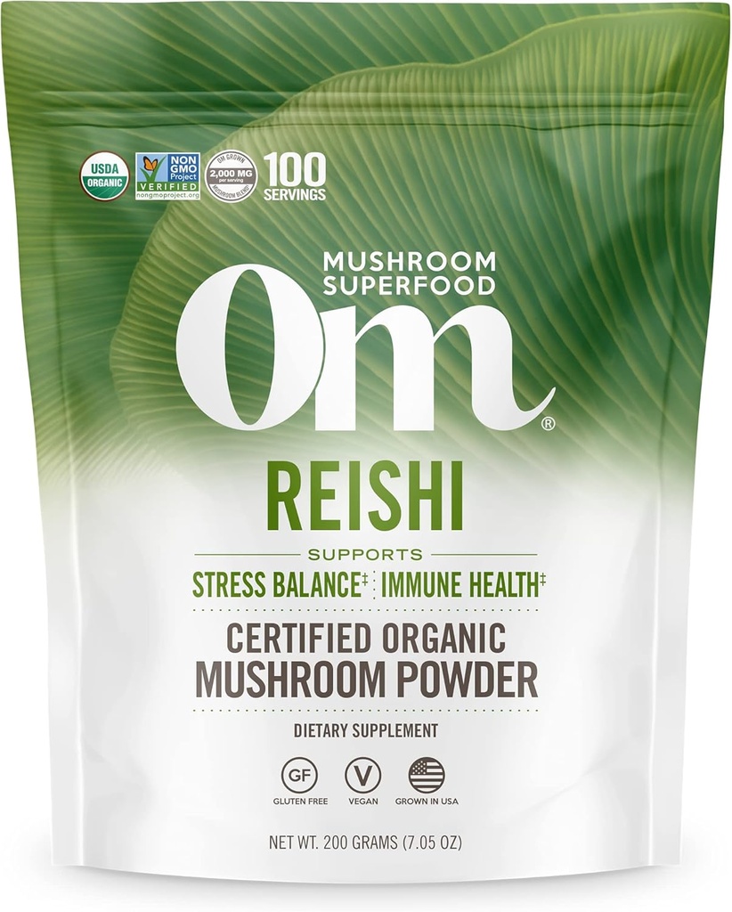 Om Mushroom Superfood Reishi Poudre de champignons organiques, 100 portions, poudre d'adaptogène biologique pour soulager le stress et la santé immunitaire