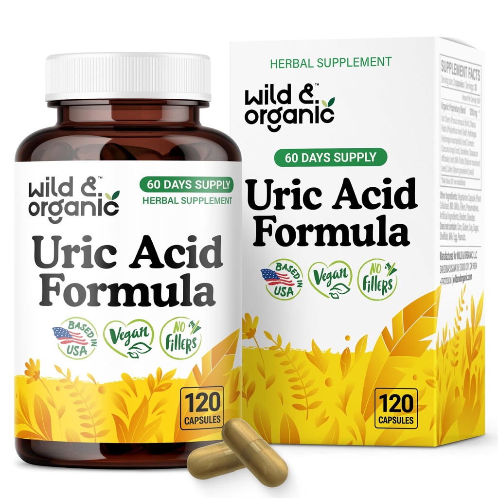 Wild & Organic Uric Acid Formula Capsules - Uric Acid Cleanse Support - Antioxidant Supplement with Tart Cherry Powder, Chanca Piedra & Celery - Vegan, No Fillers, Non-GMO - 120 Count