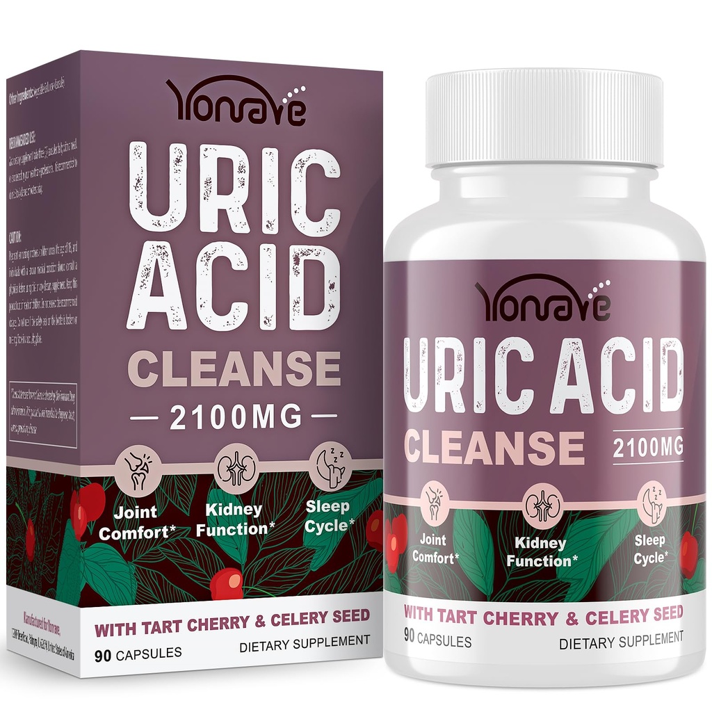 Yonrave Uric Acid Cleanse & Detox - Tart Cherry Capsules, Celery Seed Uric Acid Supplement – Kidney, Joint and Sleep – 90 Veggie Capsules（1 Bottle）