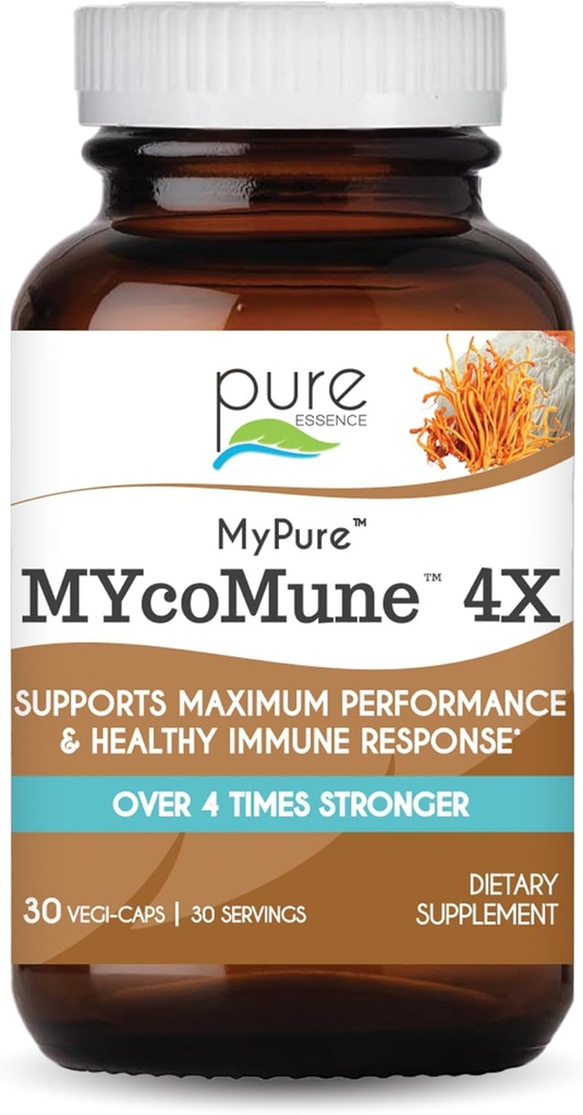 MYcoMune 4X Complément de champignons organiques - Reishi, Lion's Mane, Cordyceps, Chaga, Shiitake, Maitake pour système immunitaire, Combat Stress, Build Energy by Pure Essence - 30 Caps