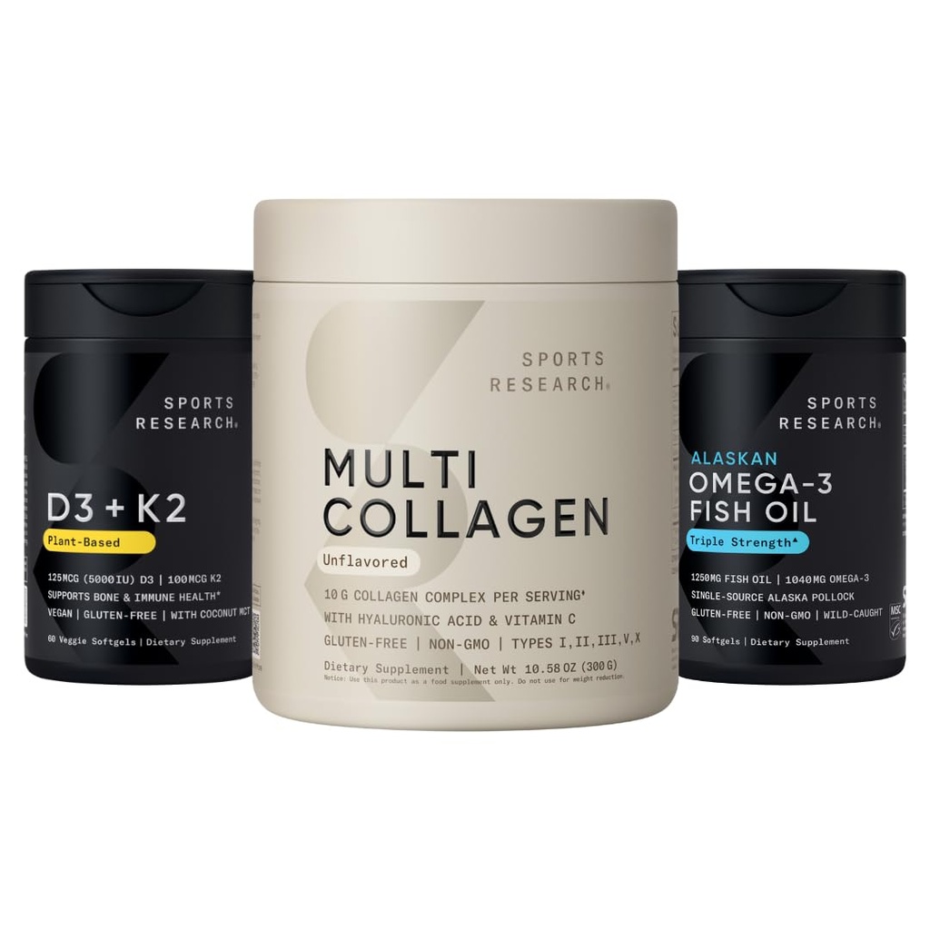Sports Research® Multivitamin Pack - Multi Collagen Protein Powder, Vitamin D3 5000iu + K2 100mcg, and Alaskan Omega-3 Fish Oil 1250mg