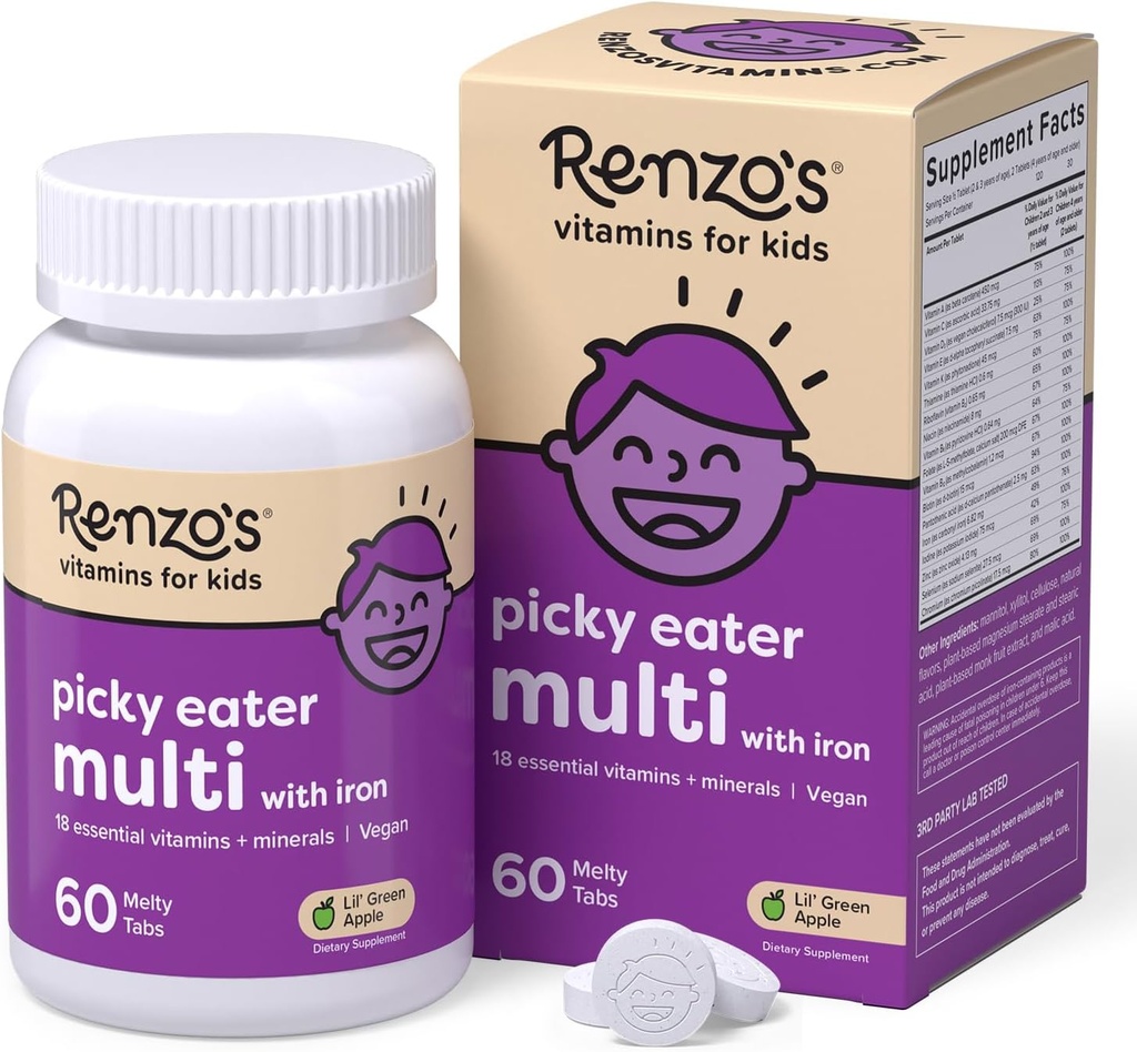 Renzo's Picky Eater Kids Multivitamine avec du fer, Dissoudre les enfants Vitamines avec la vitamine D3 et K2 et plus, 60 onglets sans sucre, Lil.