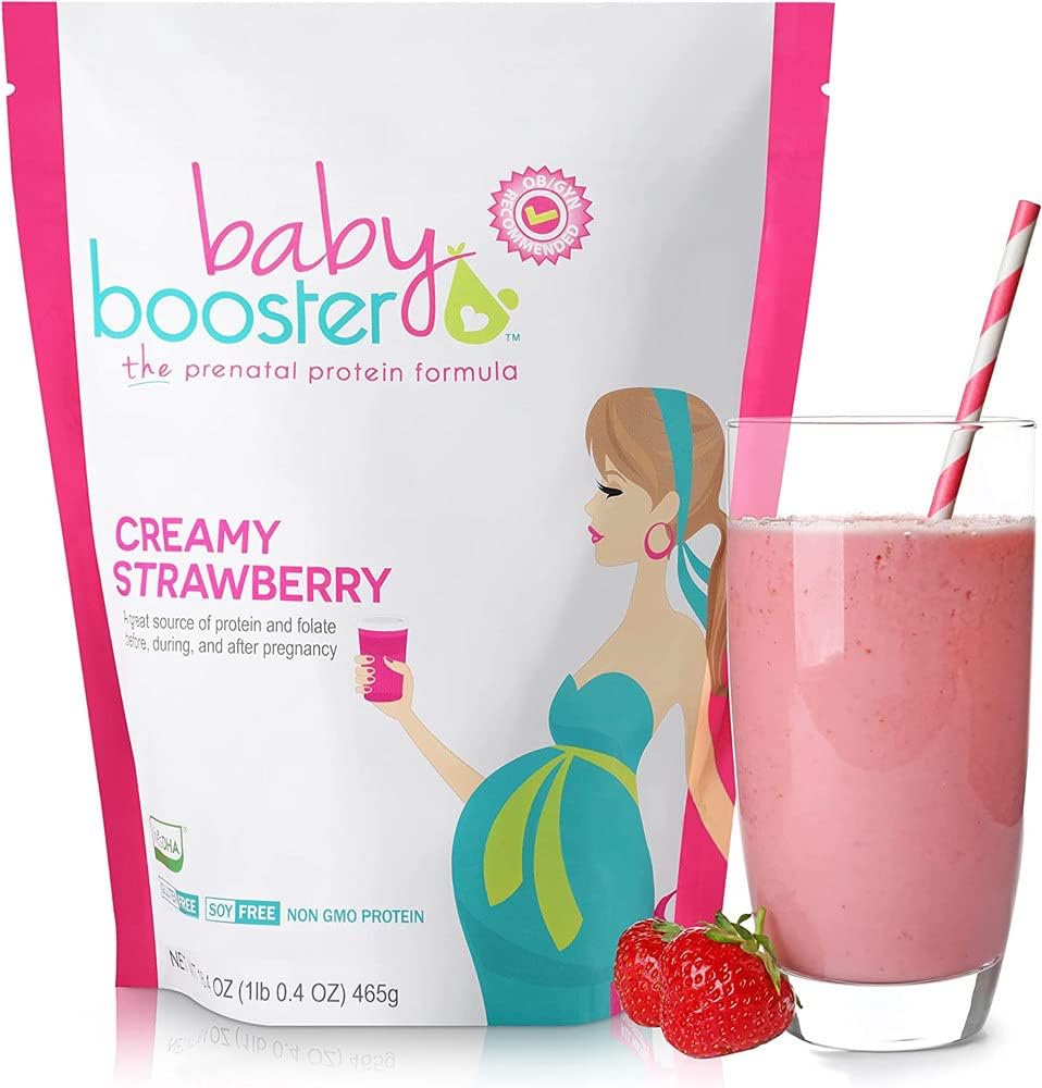 Baby Booster Grossesse Protéines Poudre Supplément Vitamine Shake - OB/GYN Utilisation approuvée d'allaitement prénatal et postnatal - Soulagement de la maladie du matin avec le DHA végétalien et le folate de méthyle - Fraise crémeuse, 1 lb