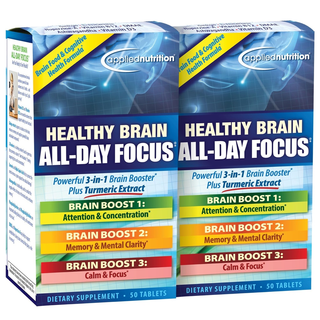 Applied Nutrition Cerveau sain Focus toute la journée - 50 comprimés, paquet de 2 - puissant 3-en-1 booster cerveau avec extrait de curcuma - 50 Total des services